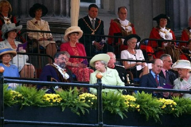 The Queen and Prince Phillip on the steps of the Harris Museum and Art Gallery in Preston in 2002