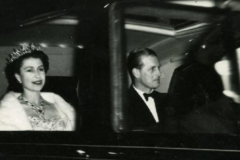 The Queen and the Duke of Edinburgh (Prince Philip) on their way to the Royal Command Performance at the Opera House Blackpool on 14/04/1955.
