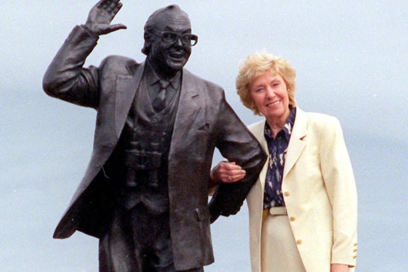 Eric Morecambe's widow Joan Bartholomew with the statue which was unveiled by The Queen in 1999.