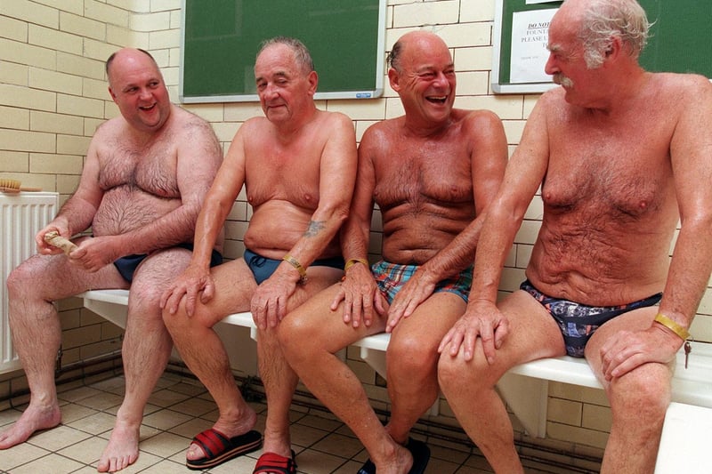 Relaxing after a session in the newly-opened Russian Steam Room at Bramley Baths are Richard Howlings, George Wright, Gerald Ingham and Geoff Lister.