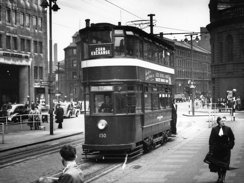 Chamberlain tram no.130 passing through City Square on its way to the Corn Exchange in July 1952. On the left is part of the Queen's Hotel which includes an entrance to the City Station. On the right is the Majestic Cinema.