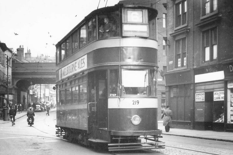 Bridge End showing tram no.219, a Horsfield built between 1930 and 1931, travelling along route no.5 in July 1952.
