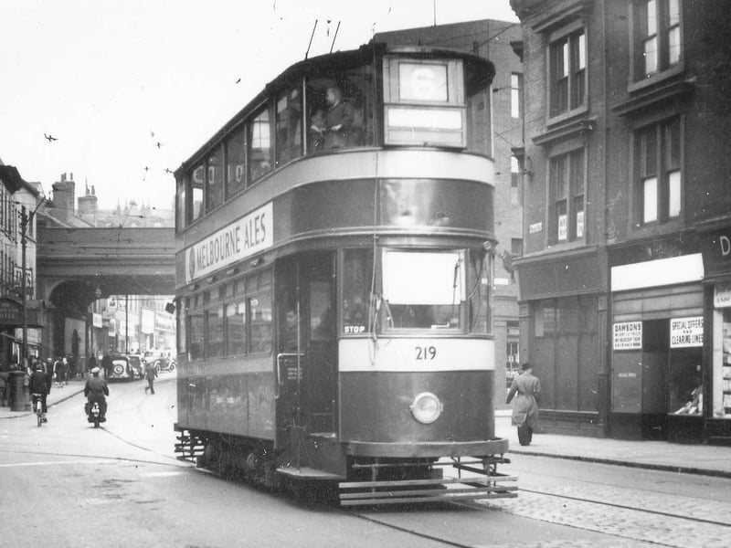 Bridge End showing tram no.219, a Horsfield built between 1930 and 1931, travelling along route no.5 in July 1952.