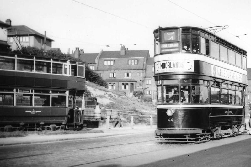 June 1951. Trams at the Haddon Place loop on Kirkstall Road, including on the right Chamberlain tram number 44.