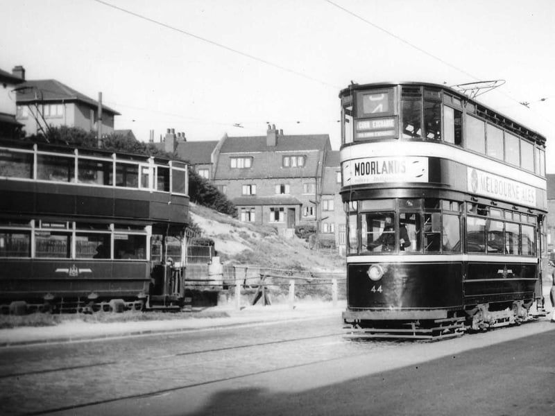 June 1951. Trams at the Haddon Place loop on Kirkstall Road, including on the right Chamberlain tram number 44.