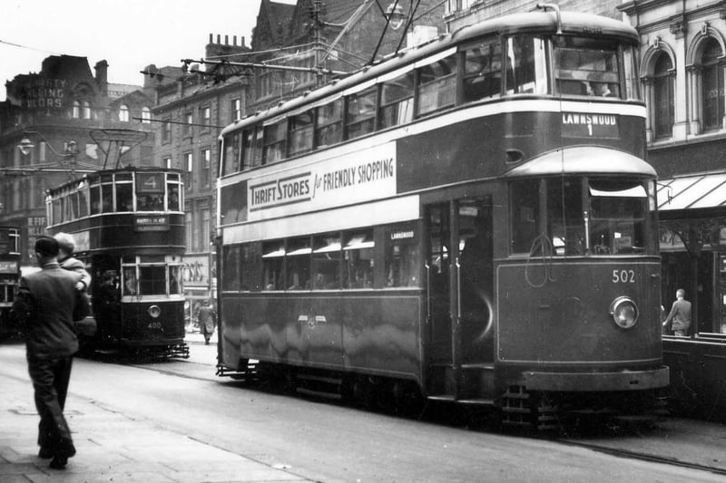 Briggate in June 1951 showing a line of trams, including ex-London Feltham no.502 in front, bound for Lawnswood on route no.1.