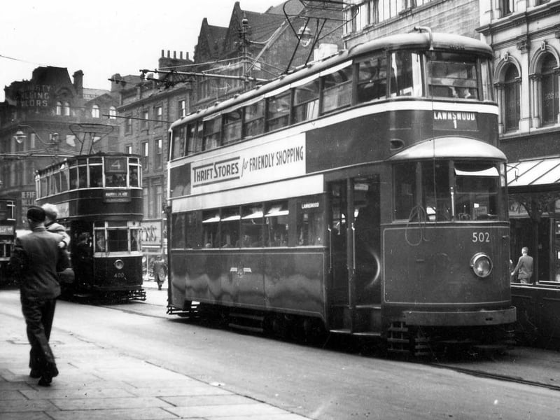 Briggate in June 1951 showing a line of trams, including ex-London Feltham no.502 in front, bound for Lawnswood on route no.1.