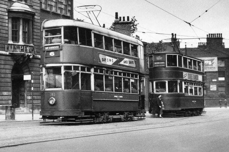 September 1951. Two trams in North Street beside the Public Dispensary. Nearest the camera is no.282, on route 6 to Meanwood; the other is bound for Moortown. Tram 282 is a 'Pilcher'.