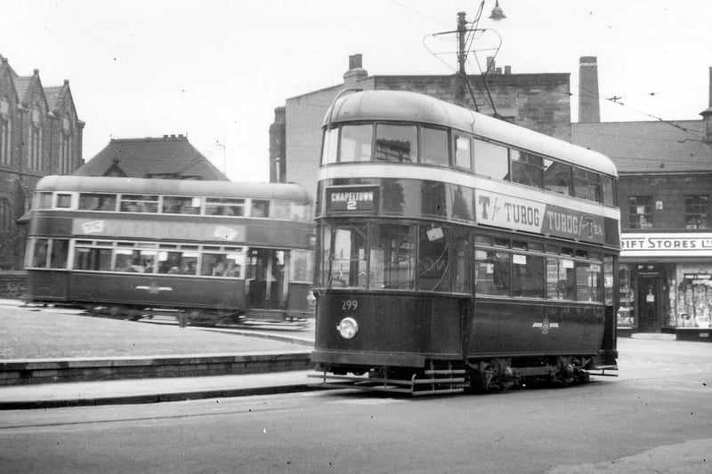 July 1951. Former Southampton tram, no.299, enters Stainbeck Lane from the junction with Harrogate Road, known as Stainbeck Corner.