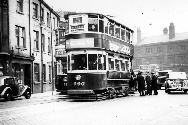 A Beeston Air-Brake tram no.390, bound for Beeston on route no.5, stopping in Meadow Lane for passengers to board in April 1951.
