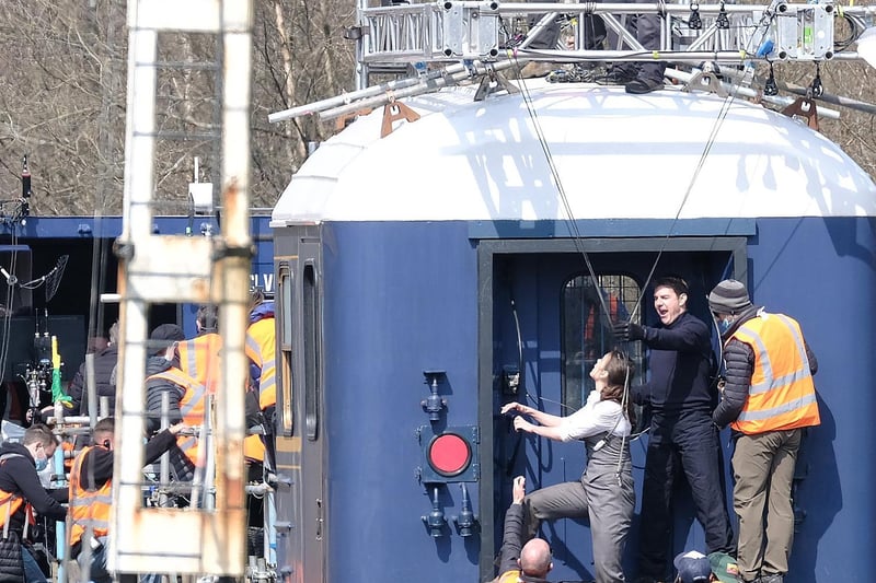 Hayley Atwell eyes the equipment for her stunt