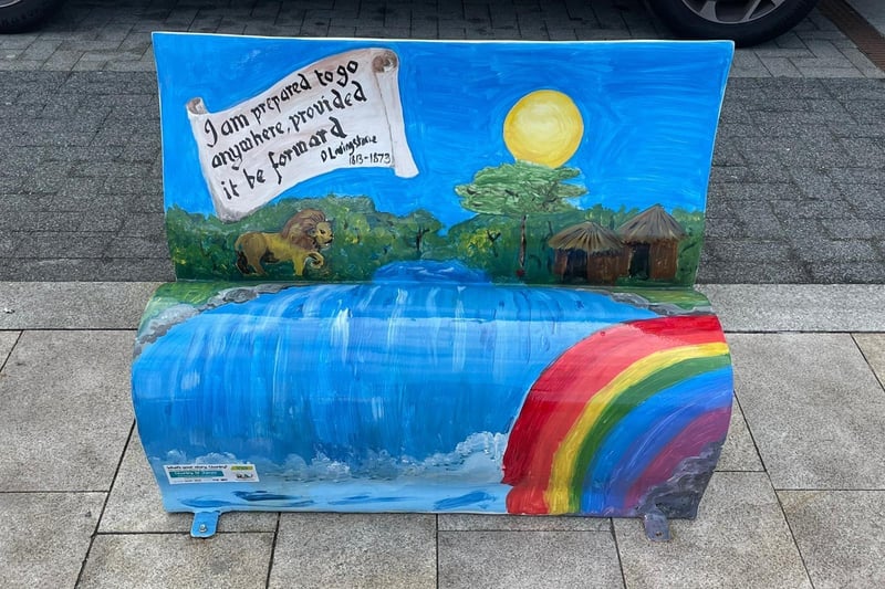 The waterfall the  famous adventurer David Livingstone discovered is featured in the bench by St James’ CE Primary School. Find your way to it by heading towards M&S Food