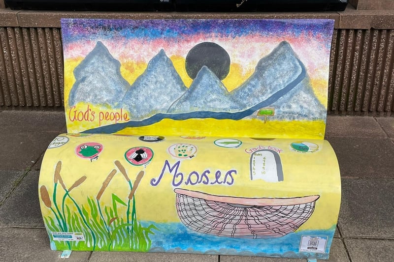This bench celebrating Moses can be found by the Union Street Council Offices. The artwork has been created by St George’s CE Primary School.