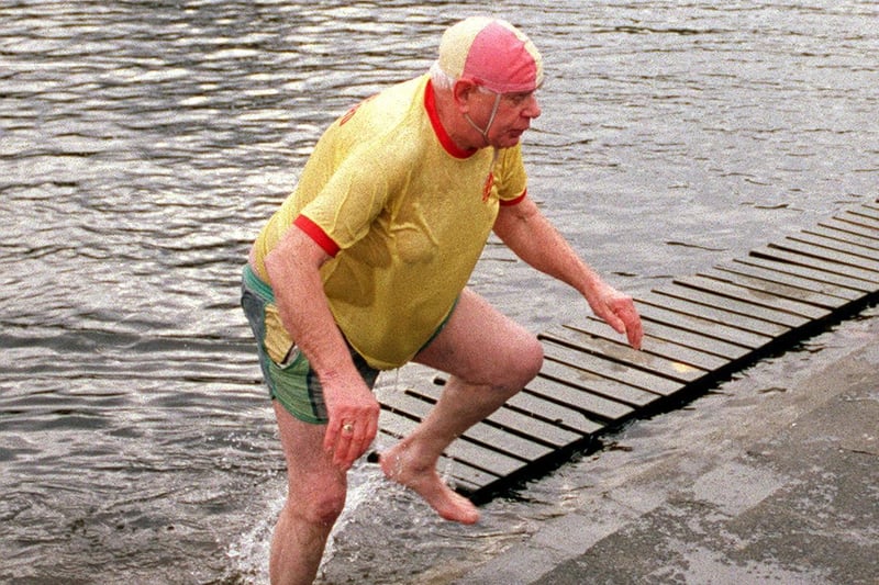 This is Joe Town taking part in the annual New Year Dip in the River Wharfe at Otley in January 1998.