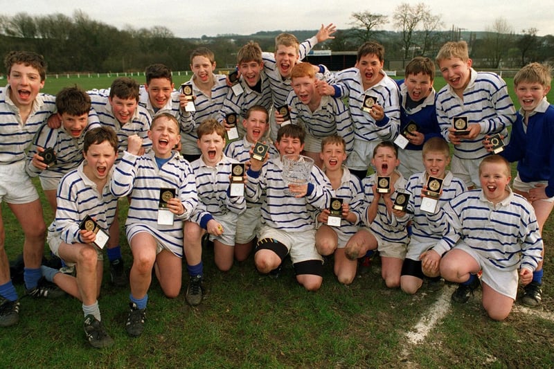 Prince Henry`s Grammar School, the winners of the Yorkshire Post Schools Rugby Challenge, celebrate with the trophy.
