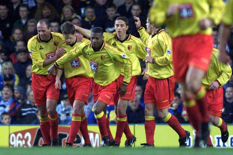 The Watford players celebrate Andrew Foley's equaliser. The already relegated Hornets finished bottom of the Premiership. They only won six games all season conceding 77 goals.