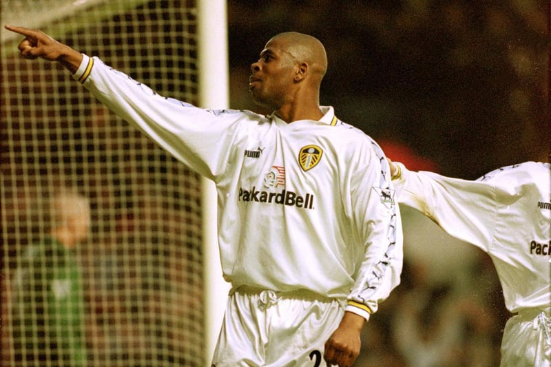 Michael Duberry celebrates after scoring a vital second on the stroke of half-time to restore Leeds United's advantage.