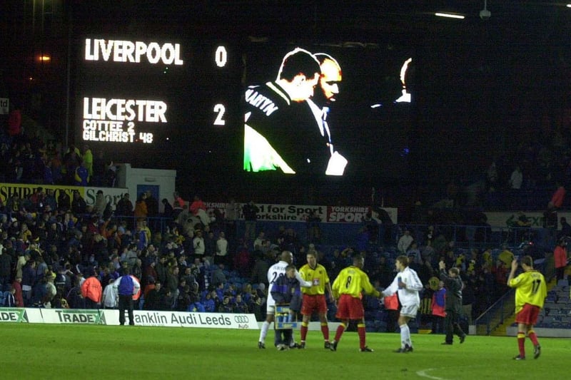 Full time at Elland Road and Leicester City's win at Anfield is flashed up on the big screen.