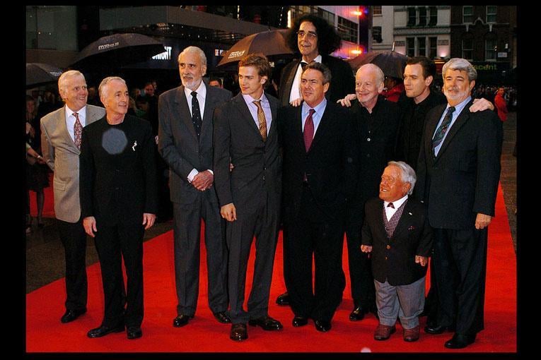 George Lucas, Ewan Mcgregor, Kenny Baker, Ian Mcdiarmid, Rick McCallum, Peter Mayhew, Hayden Christensen, Christopher Lee and Anthony Daniels attends UK Premiere of "Star Wars Episode III: Revenge Of The Sith" at Odeon Leicester Square on May 16, 2005 in London