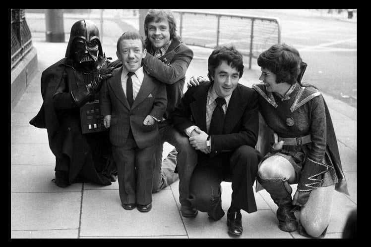 Anthony Daniels, Kenny Baker and Mark Hamill at the UK premiere of Star Wars in Manchester on January 27 1978