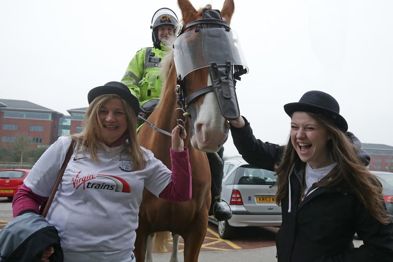A police horse joins in the Gentry Day celebrates at Bolton in 2016