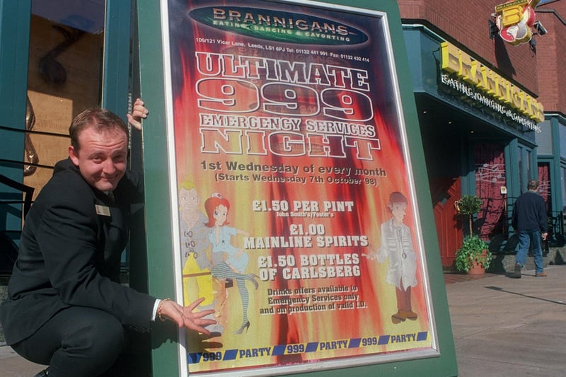 This poster showing  a cartoon character of a nurse caused controversy in September 1998. Pictured is  Hugo Watters, bars and restaurant manager at Brannigans,