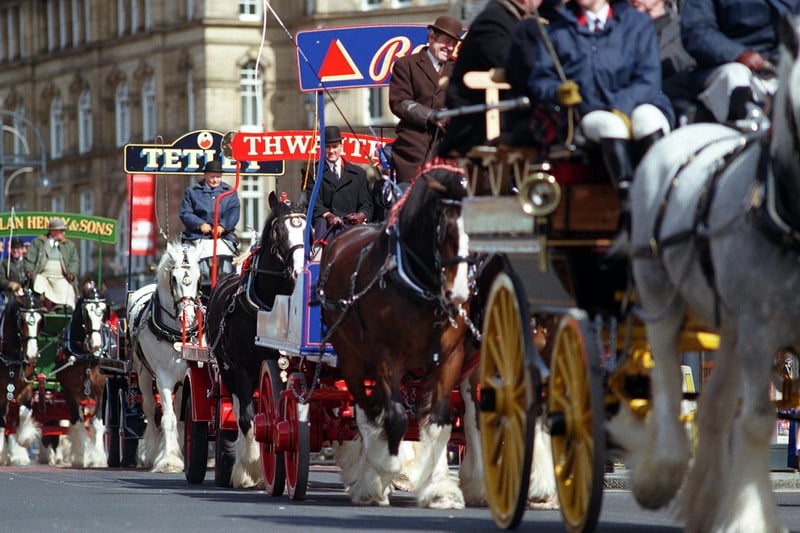 Traditional horse power returned to Vicar Lane to celebrate the fourth anniversary of Tetley's Brewery Wharf in April 1998.