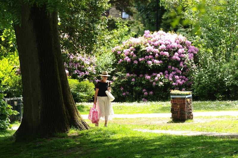 A woman walks through a sunny Pudsey Park today.