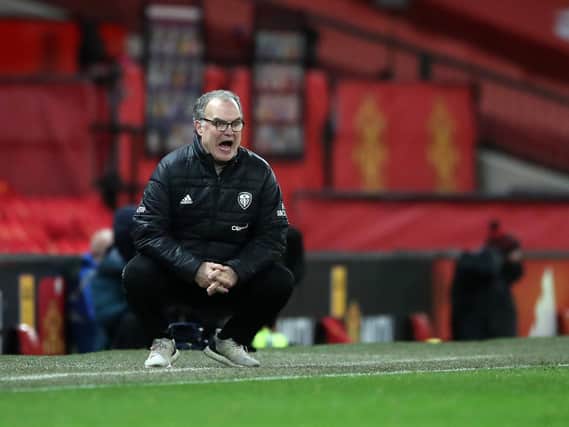 SECOND ATTEMPT: For Leeds United under head coach Marcelo Bielsa, above, against Manchester United at Old Trafford following last December's 6-2 defeat. Photo by Nick Potts - Pool/Getty Images.