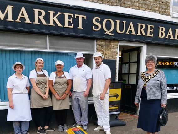 Staff from Market Square Bakery with Higham Ferrers mayor Cllr Christina Reavey