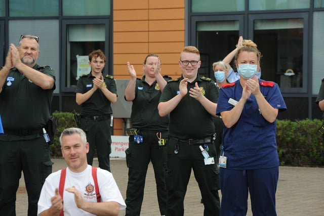Emergency service and NHS staff clap to celebrate 72nd anniversary of the NHS at Peterborough City Hospital.
There was music provided by the Peterborough Highland Pipe Band. EMN-200507-175157009