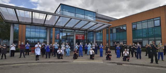 Emergency service and NHS staff clap to celebrate 72nd anniversary of the NHS at Peterborough City Hospital.
There was music provided by the Peterborough Highland Pipe Band. EMN-200507-175021009