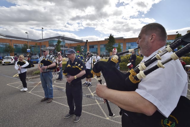 Emergency service and NHS staff clap to celebrate 72nd anniversary of the NHS at Peterborough City Hospital.
There was music provided by the Peterborough Highland Pipe Band. EMN-200507-175033009