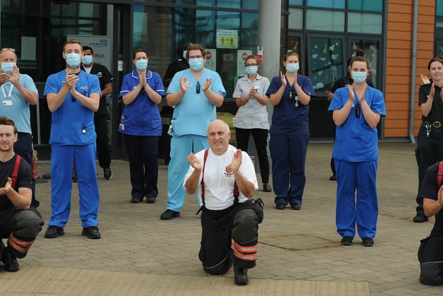 Emergency service and NHS staff clap to celebrate 72nd anniversary of the NHS at Peterborough City Hospital.
There was music provided by the Peterborough Highland Pipe Band. EMN-200507-175146009