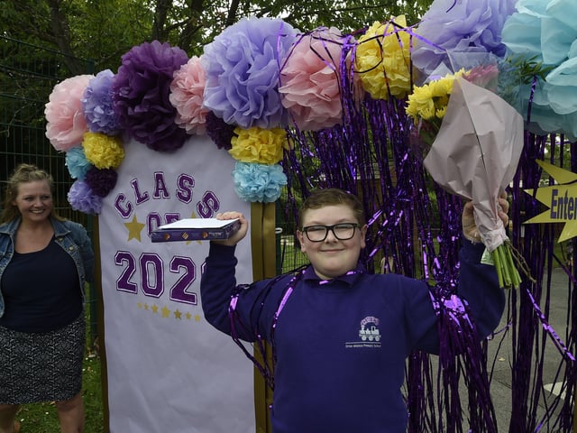 Year 6 leavers celebration drive through event at Orton Wistow primary school. EMN-200714-093001009