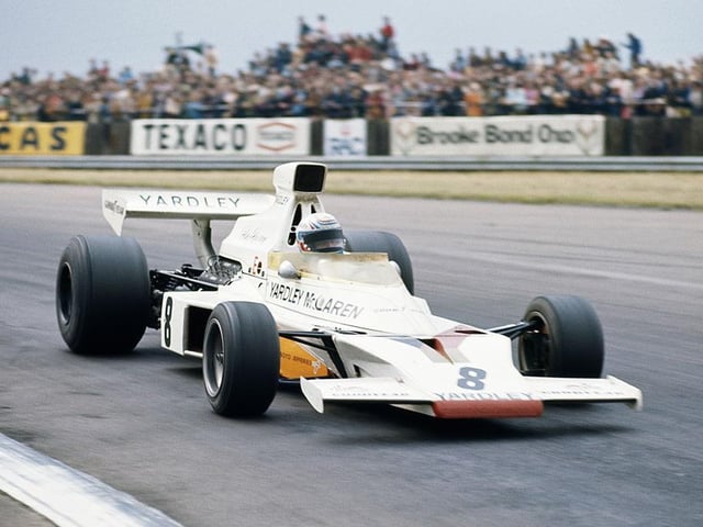 Pete Revson drove the Yardley McLaren M23 to victory at Silverstone in 1973