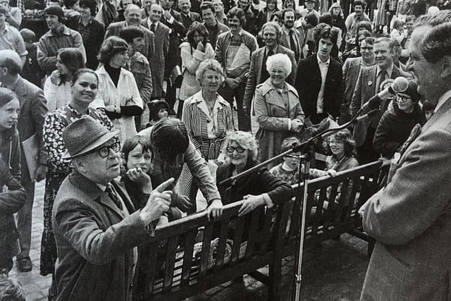 A bystander challenges then-Chancellor of the Exchequer Denis Healey during a 1979 rally in Market Square