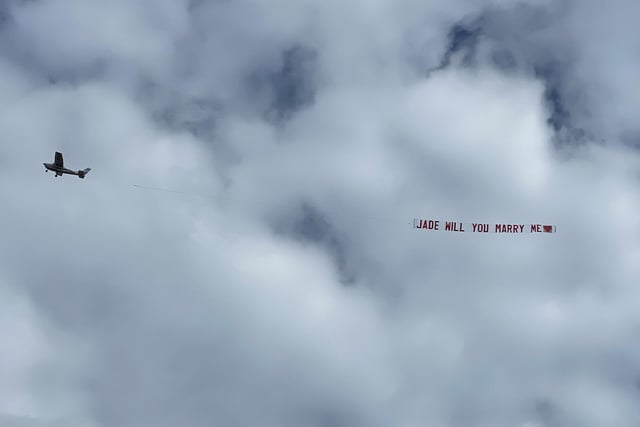 Joshua Allies, 25, proposed to Jade Clark, 25, on West Beach in Littlehampton on Friday, September 4, with a message in the sky