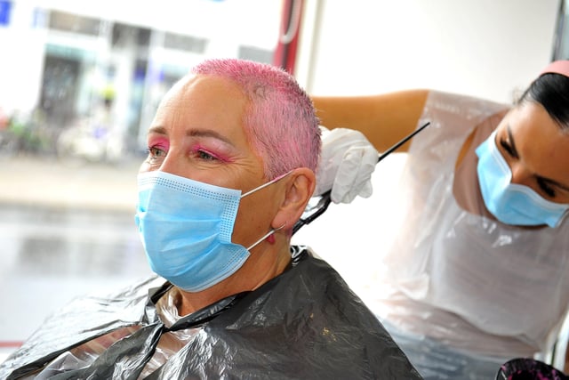 Sonia Mitchell has her head shaved for St Barnabas House on her 62nd birthday. Pictures: Steve Robards SR2009241