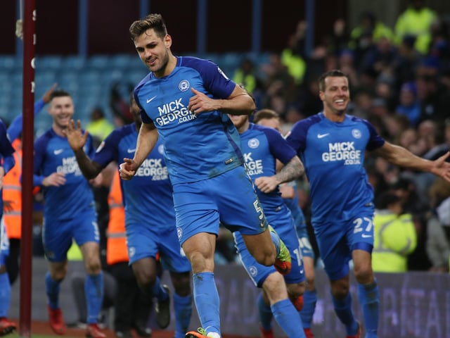 v Aston Villa (a), 2018: Centre-back Ryan Tafazolli celebrates his FA Cup goal for Posh in a 3-1 win at Aston Villa.