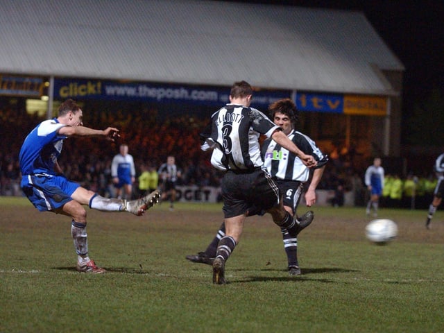 v Newcastle (h), 2002: Posh come back from 2-0 down to draw level at 2-2 before losing 4-2 in front of the Sky TV cameras at London Road. An own goal and a David Farrell strike (pictured) got Posh fans excited before Newcastle were awarded a controversial late penalty which Alan Shearer despatched.