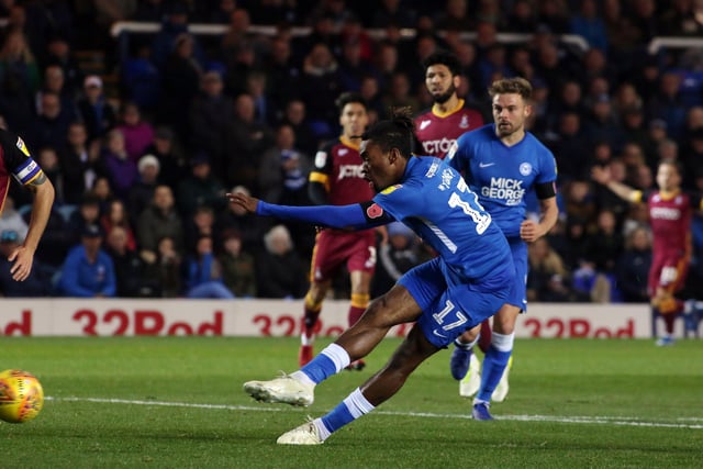 Bradford City (a), 2018.
Ivan Toney’s hat-trick of goals and Conor O’Malley’s hat-trick of penalty shootout saves after a 4-4 draw at Valley Parade. Posh had thrown away a 2-0 lead in the first tie at London Road, but emerged victorious on penalties after a topsy-turvey replay thriller. Toney's opening goal from close to the halfway line was a sign of the greatness to come. He's pictured completing his hat-trick.