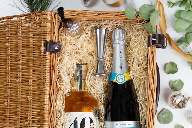 All you need to make a delicious Sussex Spritz cocktail to kick off Christmas morning – Albourne Estate MultiVintage sparkling wine and 40 Vermouth plus stainless steel measuring jigger. The Sussex Spritz Hamper £58.95.