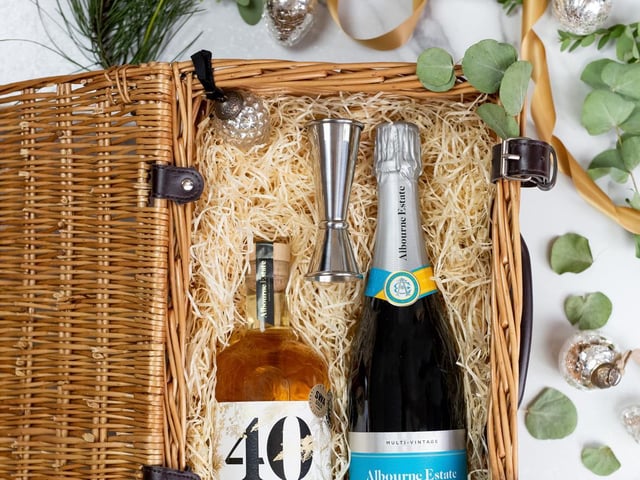 All you need to make a delicious Sussex Spritz cocktail to kick off Christmas morning – Albourne Estate MultiVintage sparkling wine and 40 Vermouth plus stainless steel measuring jigger. The Sussex Spritz Hamper £58.95.