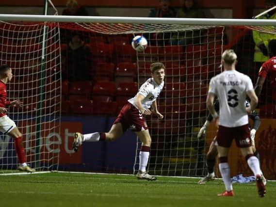 Seventeen-year-old Max Dyche, son of Sean, came on for his Cobblers debut at Crewe on Saturday. Pictures: Pete Norton