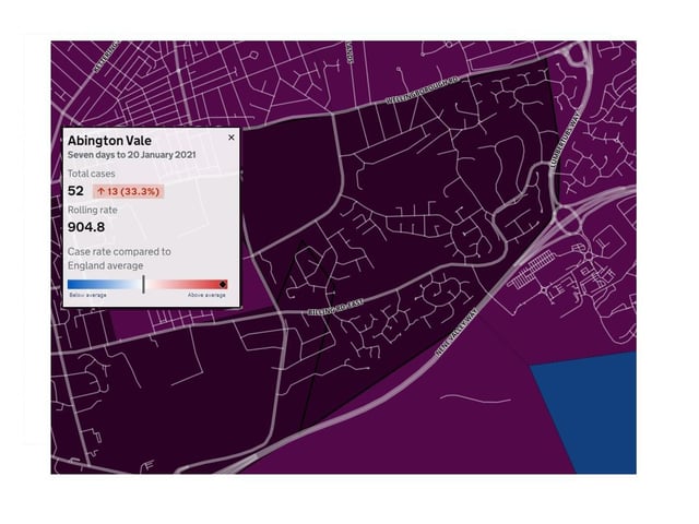 Abington Vale — 52 new positive tests in seven days to January 20, an increase of 13 (33.3%) from the previous week. Rolling rate 904.8