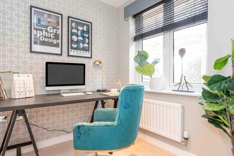 Everyone is spending a lot more time at home these days, so having a dedicated office space can help you switch off once the working day is done.

To create a serene working environment that won’t distract you too much,  a muted colour palette has been chosen. It features light pastel blues, flickers of gold in the desk accessories and for an injection of creativity, a turquoise velvet chair has been added.