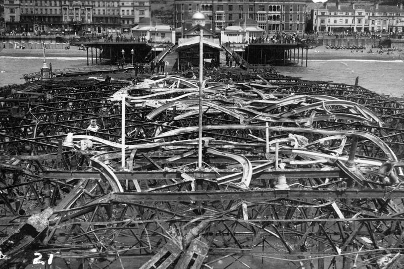 The mangled wreckage of the pier's pavilion after the fire in July 1917. Picture courtesy of Cynthia Wright SUS-190329-111831001