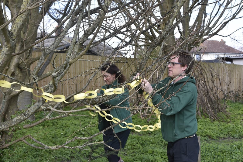 Woodston primary school hanging yellow paper chains around  trees on the school field to remember one year since the first Covid 19 lockdown. Craig Phillips and Sharon Davey EMN-210323-153506009