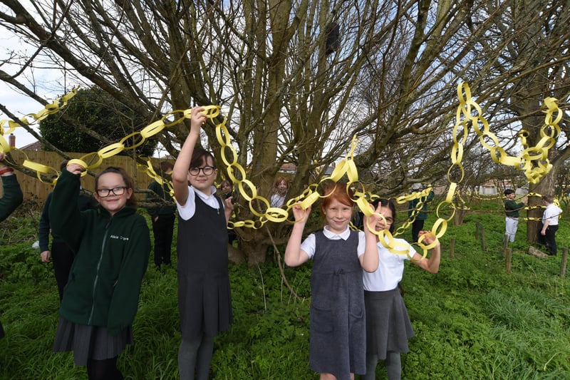 Pupils at Woodston primary school hanging yellow paper chains around  trees on the school field to remember one year since the first Covid 19 lockdown. EMN-210323-153518009